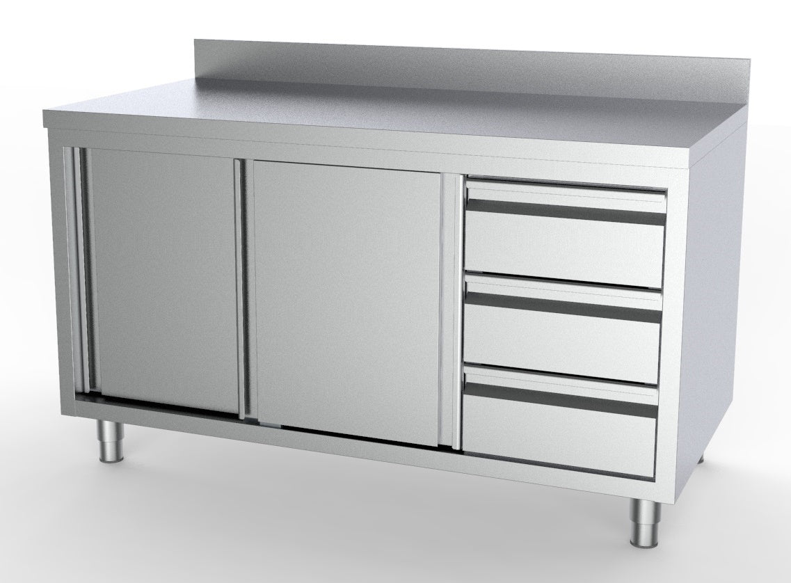 Arbeitsschrank mit Schiebetüren & Schubladen rechts / mit Aufkantung / 1600 × 700 mm / Combisteel