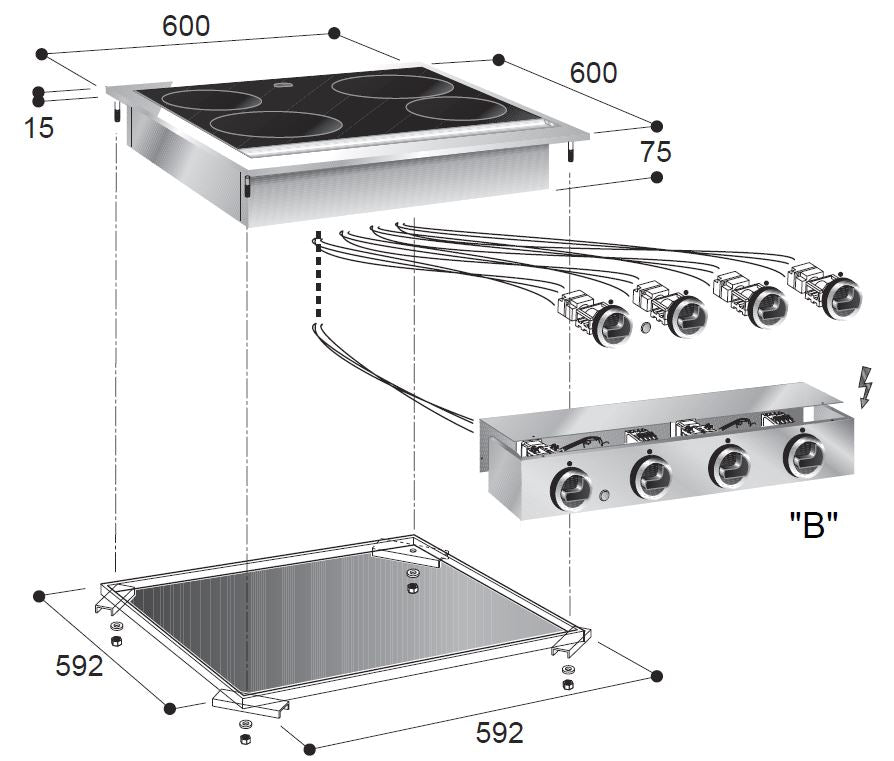 Glaskeramik-Einbau-Kochfeld / 4 Kochzonen / 2x 2,4 / 1x 1,8 / 1x 1,2 kW / 600 mm / Combisteel – professionelles Einbau-Kochfeld für Gastronomie