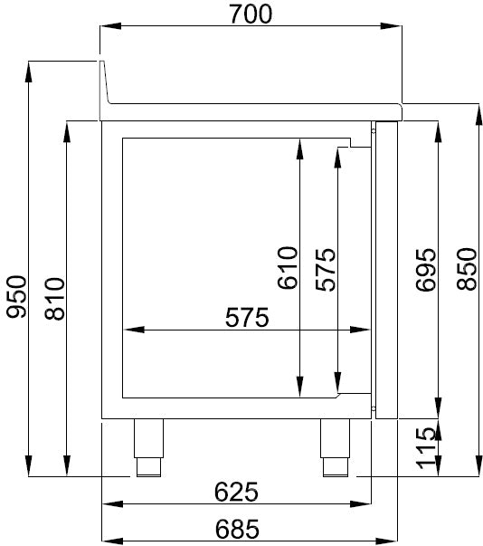 Kühltisch / 700 Serie / Energy Line / Monoblock / mit Aufkantung / 2 Türen / 281 L / Combisteel