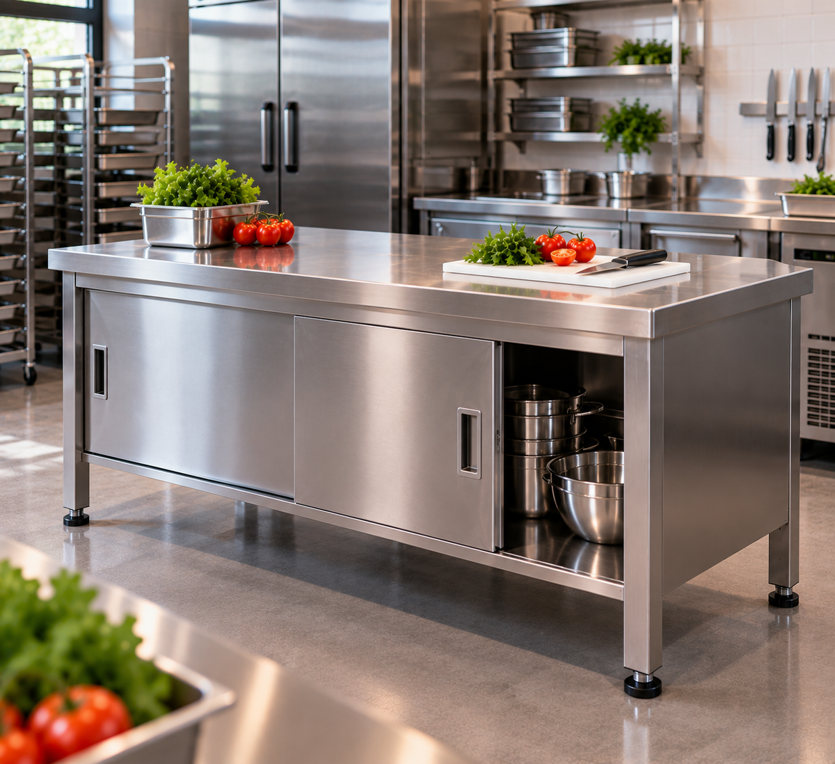 Arbeitsschränke mit Schiebetüren ohne Aufkantung aus Edelstahl für Gastronomie und Großküchen