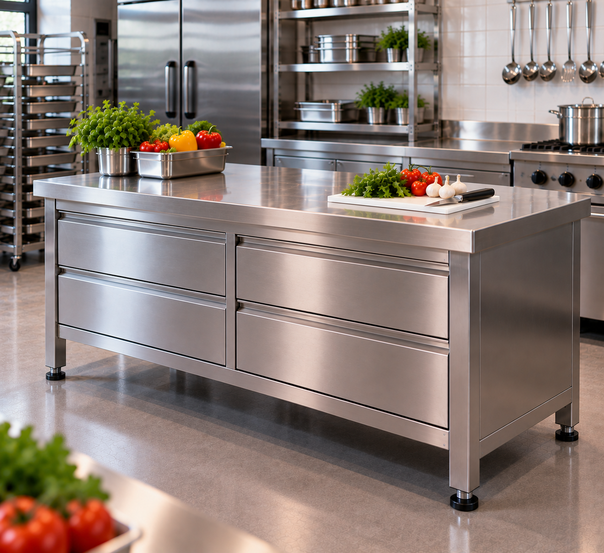 Arbeitstische mit Schubladen für Gastronomie und Großküchen