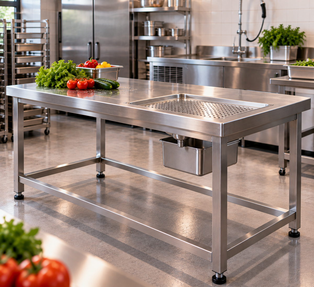 Arbeitstische mit integrierter Tropfschale aus Edelstahl für Gastronomie und Großküchen