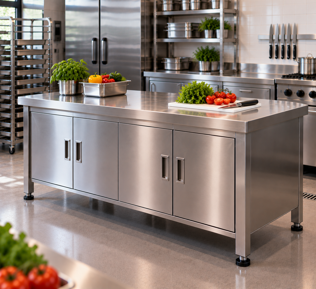 Arbeitstische mit Türen aus Edelstahl für Gastronomie und Großküchen