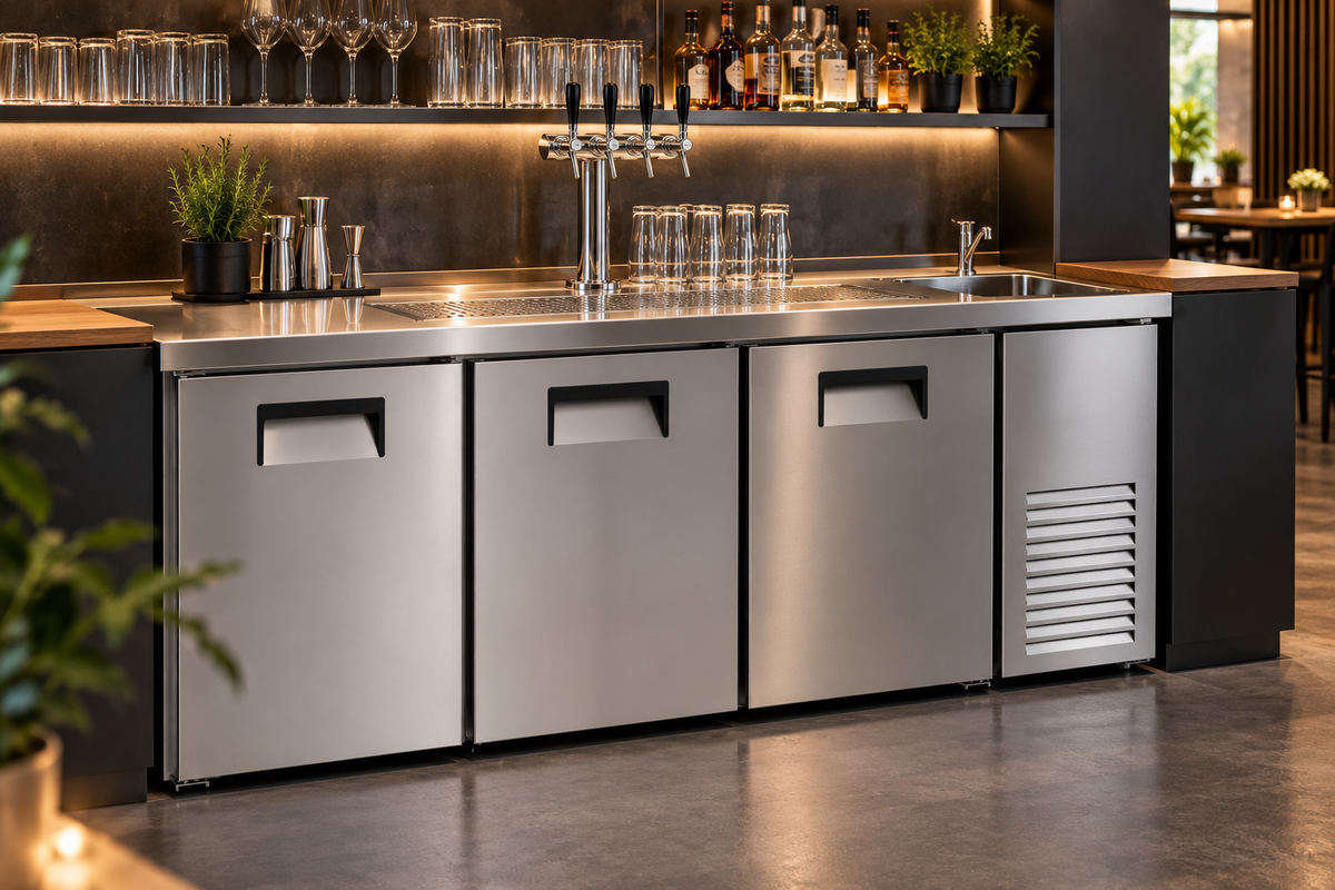 Professionelle Biertheke aus Edelstahl mit 3 Türen für Bars und Gastronomie
