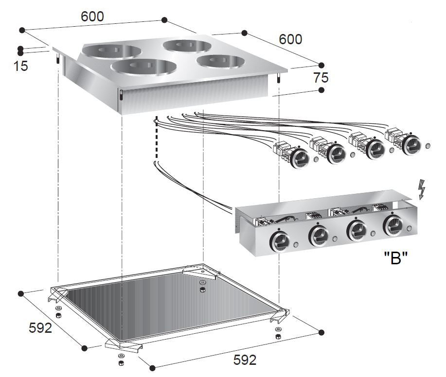 Elektro-Einbau-Kochfeld / 4 Kochzonen / 2x 2,6 / 2x 1,5 kW / 600 mm / Combisteel – professionelles Einbau-Kochfeld für Gastronomie
