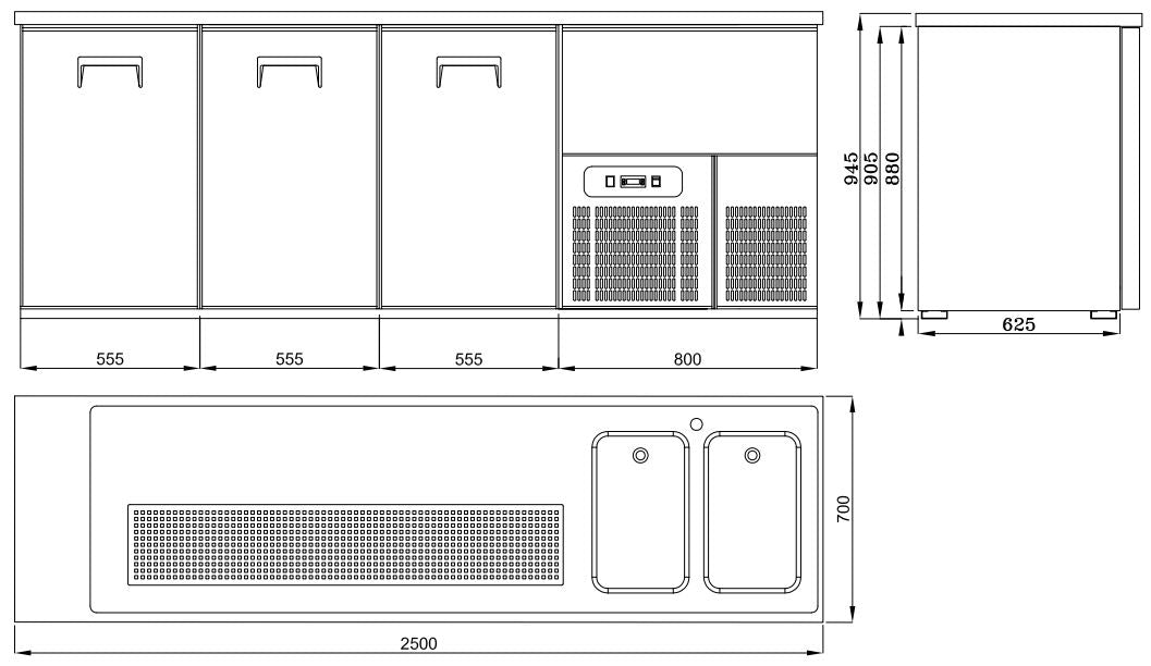 Biertheke 250 cm mit 3 Türen / Edelstahl / Combisteel