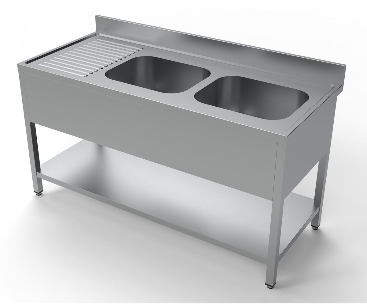 Spültisch mit Grundboden & 2 Becken rechts / 1600 × 700 mm / Combisteel