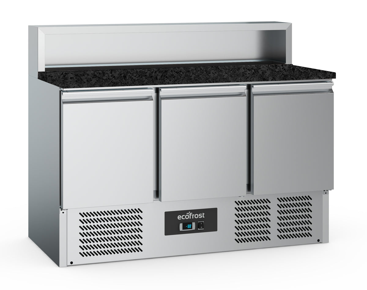 Pizzatisch / schwarze Granit-Arbeitsplatte / 3 Türen / 8x 1/6 GN / 402 L / Combisteel