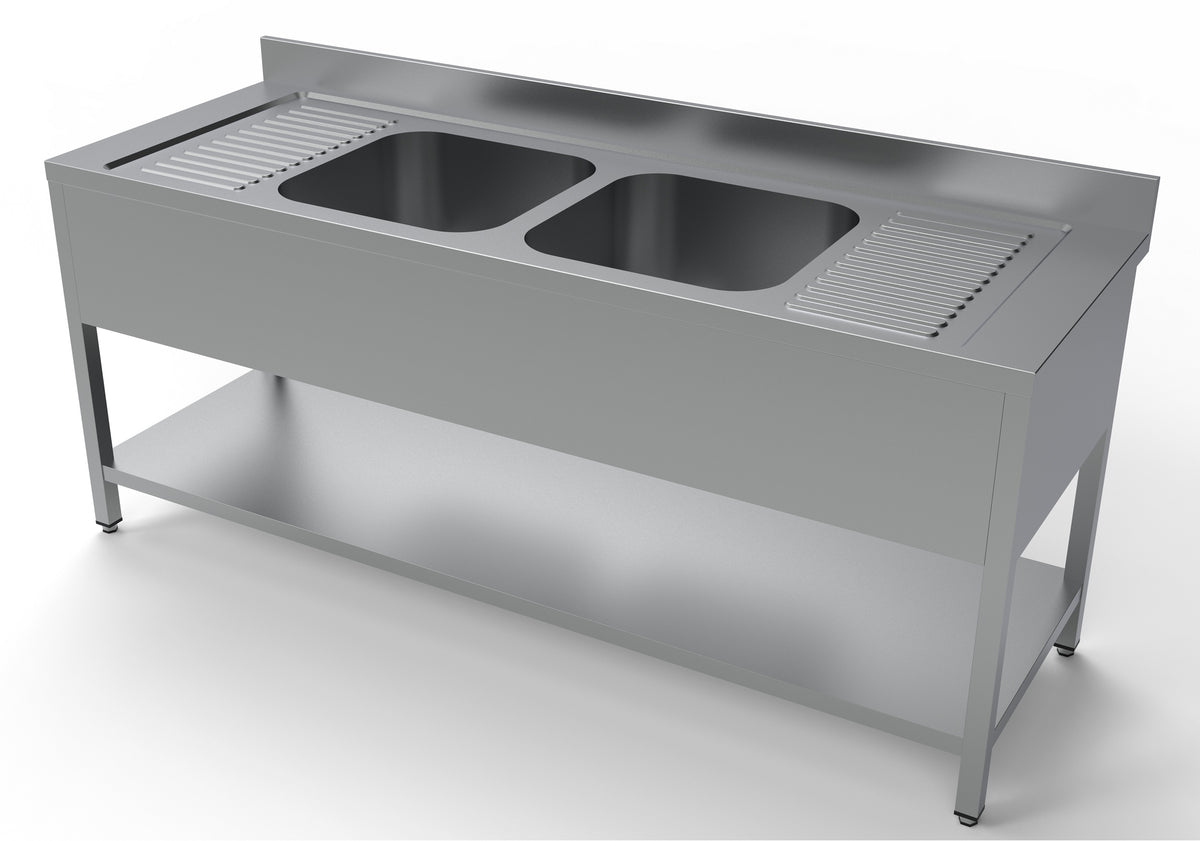 Spültisch mit Grundboden & 2 Becken mittig / 2000 × 700 mm / Combisteel