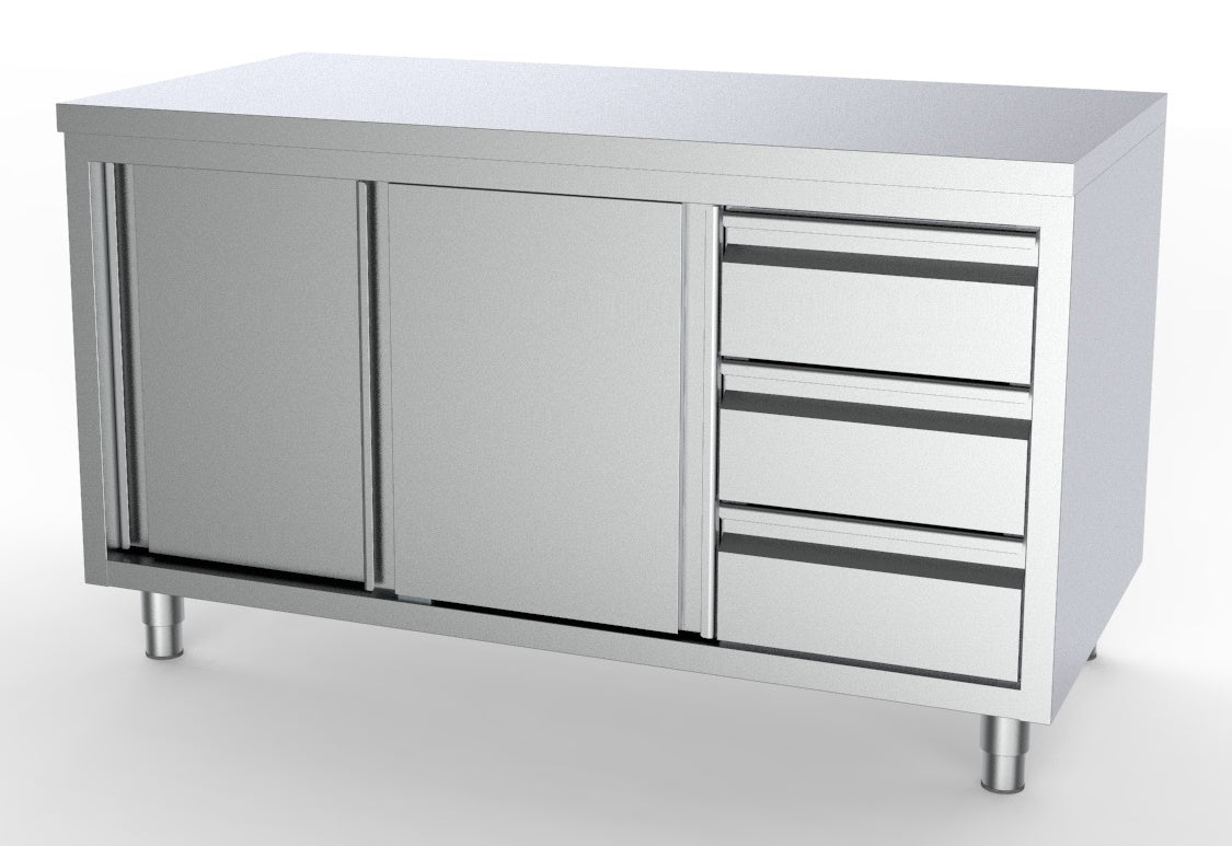 Arbeitsschrank mit Schiebetüren & Schubladen rechts / ohne Aufkantung / 1400 × 700 mm / Combisteel