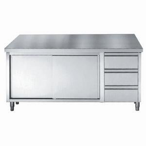 Arbeitsschrank mit Schiebetüren & Schubladen / ohne Aufkantung / 1600 × 700 mm / Combisteel