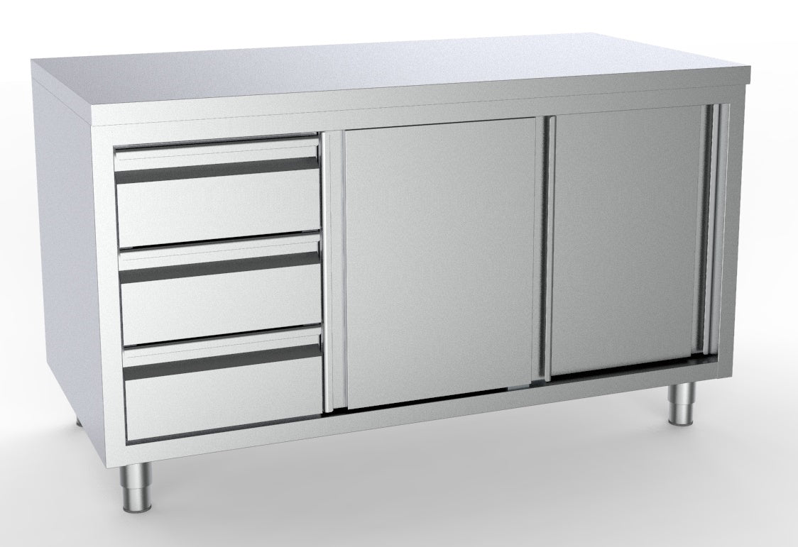 Arbeitsschrank mit Schiebetüren & Schubladen links / ohne Aufkantung / 2000 × 700 mm / Combisteel