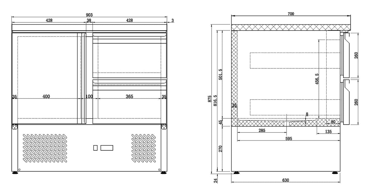 Kühltisch / 1 Tür + 2 Schubladen / 257 L / Combisteel