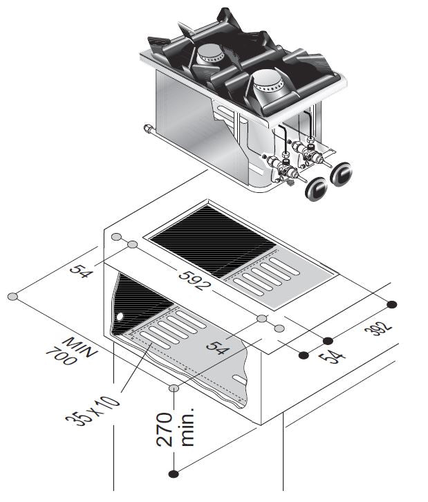Gas-Einbau-Kochfeld / 2 Brenner / 7 kW / 400 mm / Combisteel – professionelles Einbau-Kochfeld für Gastronomie