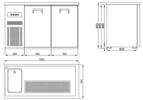 Biertheke mit 2 Türen / 1 Aussparung links / Edelstahl / Combisteel