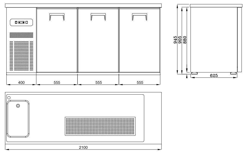 Biertheke mit 3 Türen / 1 Aussparung links / Edelstahl / Combisteel