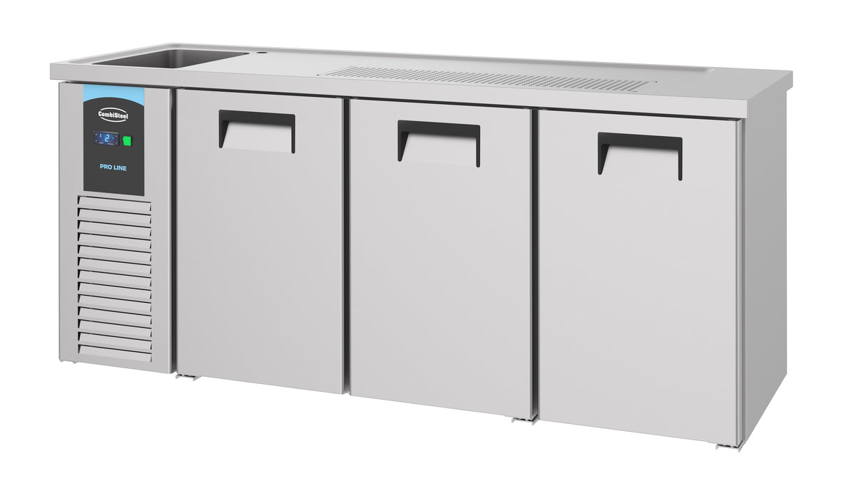 Biertheke mit 3 Türen / 1 Aussparung links / Edelstahl / Combisteel