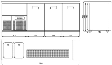 Biertheke mit 3 Türen / 2 Aussparungen links / Edelstahl / Combisteel