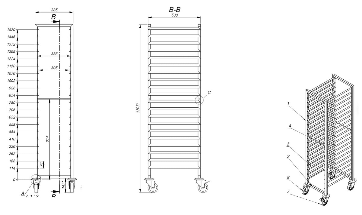 Regalwagen / 1/1 GN / 20 Führungen / 385 × 530 × 1800 mm / Combisteel