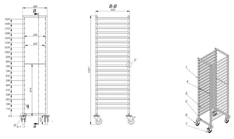 Regalwagen / 1/1 GN / 20 Führungen / 385 × 530 × 1800 mm / Combisteel