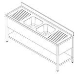 Spültisch mit Grundboden & 2 Becken mittig / 2400 × 700 mm / Combisteel
