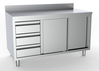 Arbeitsschrank mit Schiebetüren & Schubladen links / mit Aufkantung / 2000 × 700 mm / Combisteel