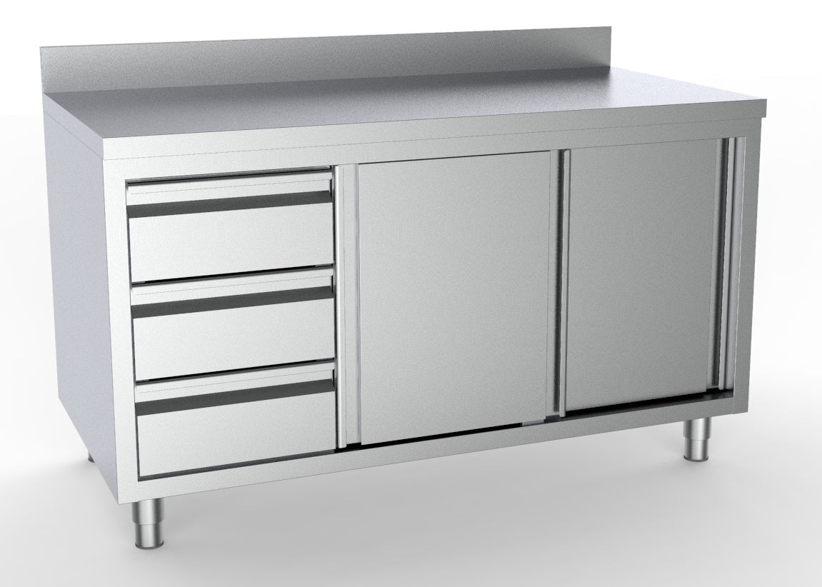 Arbeitsschrank mit Schiebetüren & Schubladen links / mit Aufkantung / 1800 × 700 mm / Combisteel