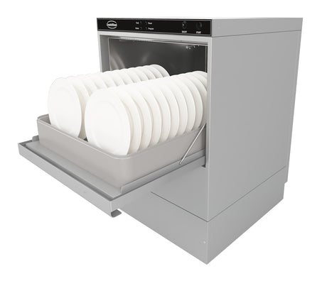 Frontlader Geschirrspülmaschine / 230 V / Korb 500 × 500 mm / mit Abwasserpumpe / mit Spülmitteldosierer / Combisteel