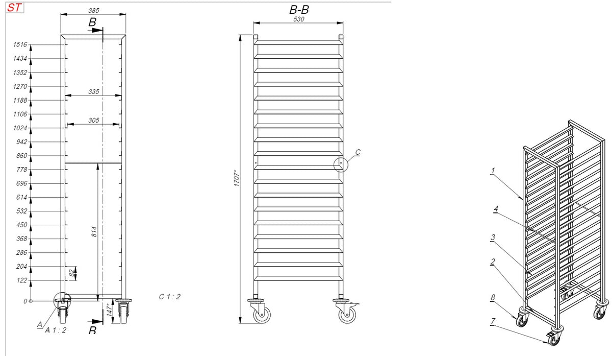 Regalwagen / 1/1 GN / 18 Führungen / 385 × 530 × 1800 mm / Combisteel
