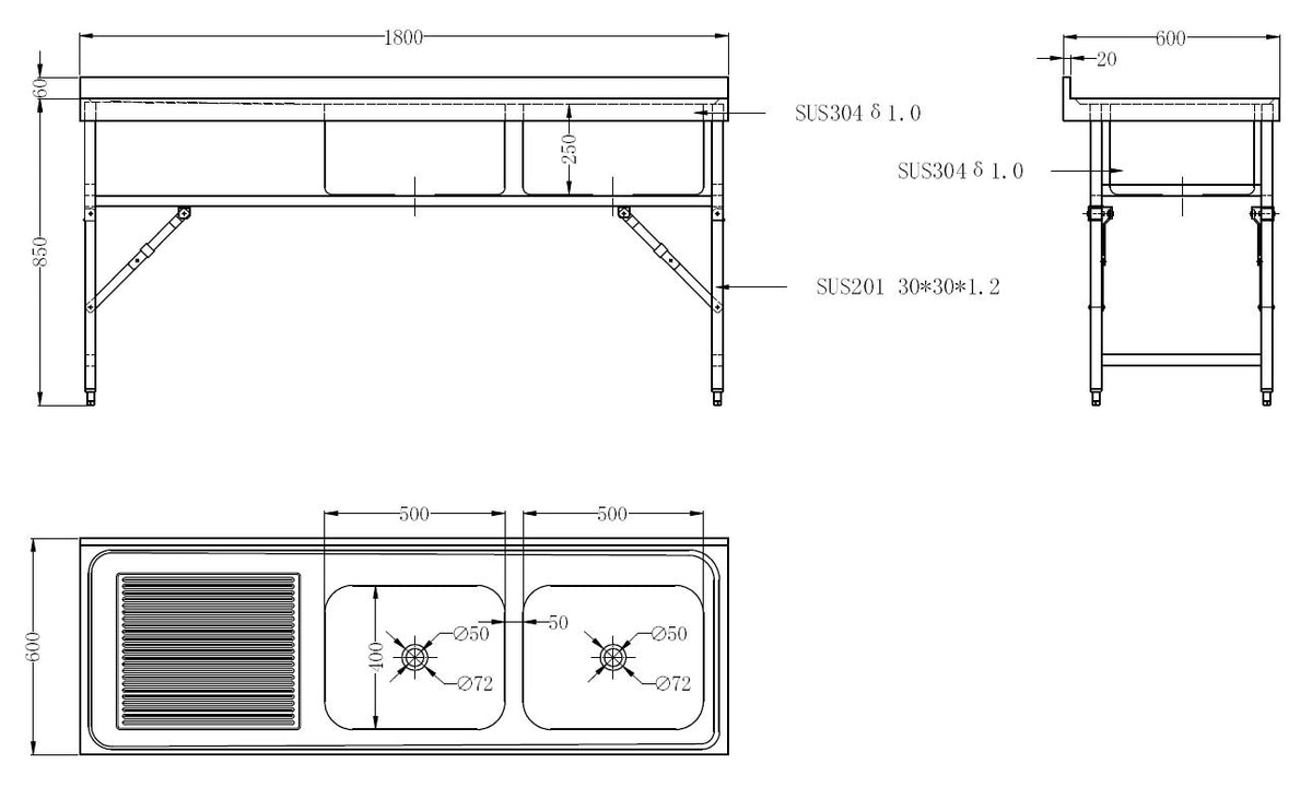Zusammenklappbarer Spültisch ohne Grundboden & 2 Becken rechts / 1800 × 600 mm / Combisteel