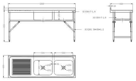 Zusammenklappbarer Spültisch ohne Grundboden & 2 Becken rechts / 1800 × 600 mm / Combisteel