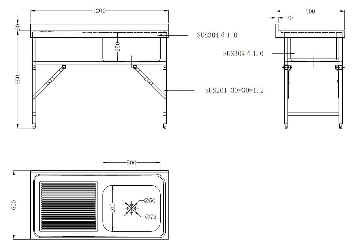 Zusammenklappbarer Spültisch ohne Grundboden & 1 Becken rechts / 1200 × 600 mm / Combisteel